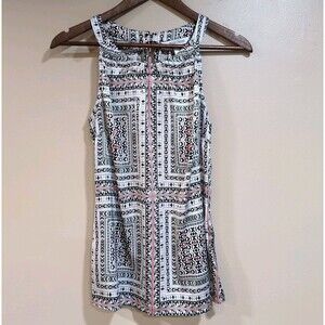 White House Black Market Tank Blouse Womens S Black Red Geometric Aztec WHBM